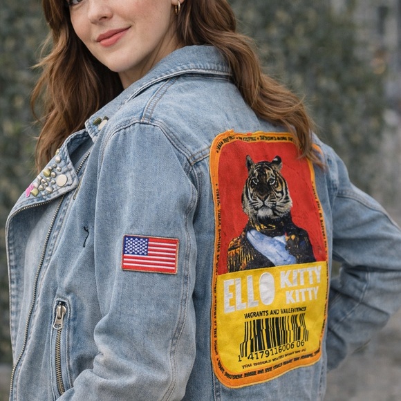 Customized Forever 21 Light Blue Studded Jean Jacket with Patches - Picture 3 of 11